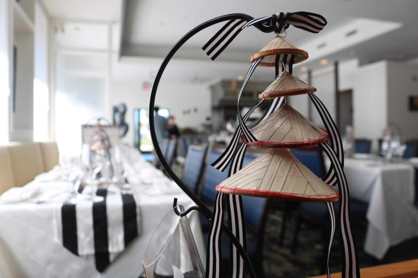 A table with chairs and tables in the background.